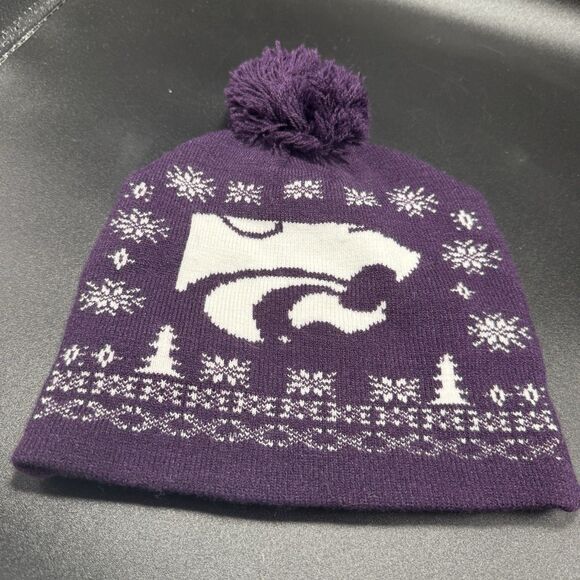 K State Wildcats Beanie Unisex One Size Purple Snowflake Pull On Puff Ball Knit - Picture 1 of 4